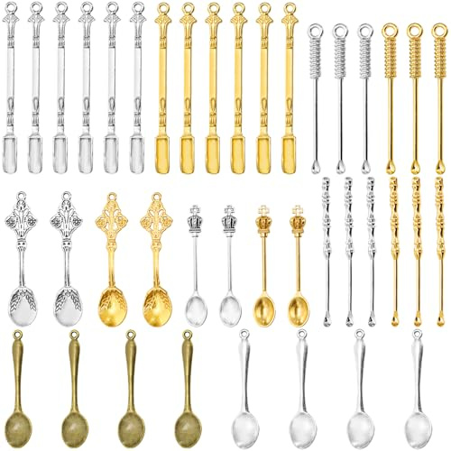 Foraineam 40 Pieces Mini Spoons Tiny Shovel Spoon, Metal Medicine Spoon Powder Scoop for Spices, Herbs, Kitchen Tableware Charm Pendant Spoons For DIY Craft Jewelry Making Necklace Bracelet Key Chain
