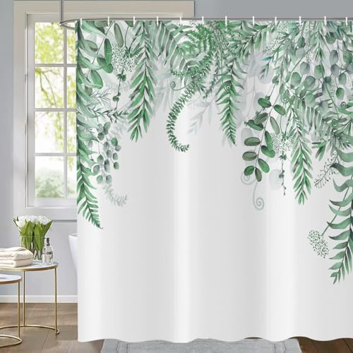 ASDCXZ Türkis Eukalyptus Duschvorhang 180x200 cm, Frühling Türkis Eukalyptusblätter Aquarell Pflanzen Muster Wasserdicht Badvorhang Polyester Textil Waschbar Duschvorhänge für Badewanne mit 12 Haken