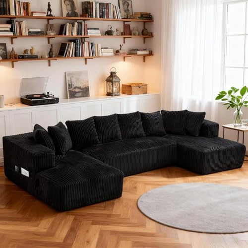 SEHGLH Boneless Couch U Shaped 325cm Cloud Couch with Deep Seat Memory Foam Modular Sectional Sofa with Chaise Corduroy 4-6 Seater Corner Sofa for Living Room No Assembly Required Black