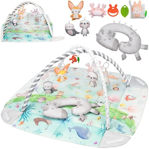 Lionelo Anika Natural tapis d’eveil bebe en bambou, 8 jouets bébé amovibles, arche d'eveil bebe, coussin tummy time, dès la naissance (Natural)