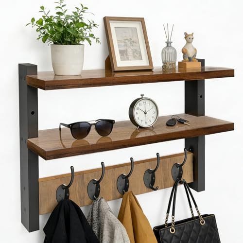 Garderobe Wand mit 2 Ablage, 5 Metallhaken, 41 cm Wandgarderobe für Flure