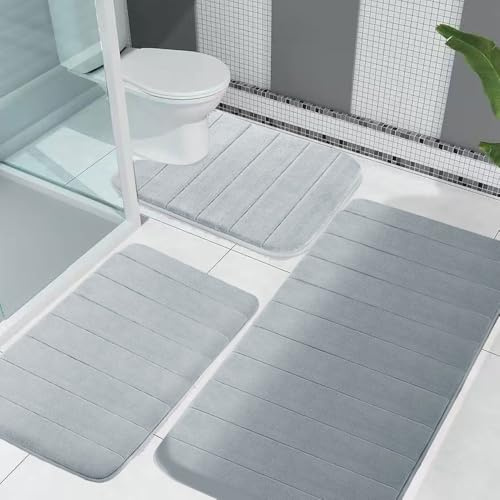 MOFXWHE Badematte Set 3-teilig aus Memory Foam, Badezimmerteppich, Weich Badematte und U Förmige WC Vorleger, Badteppich Saugfähige Badvorleger, Waschbar Badvorleger Set für Dusche, WC & Badewann