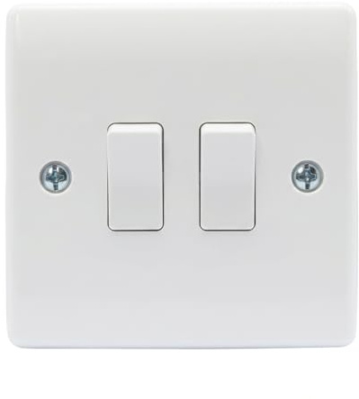 Xiciki Light Switch 2 Gang 2 Way Double Wall Switch, 10A Double Light Switch, Double Light Switch White Plastic Square Edge Switch Plate with Screws, for Home Office Garage Workshop