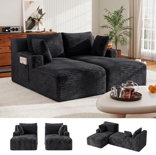 HAUSPROFI Schlafsessel Cord mit Getränkehalter & Seitentaschen, Grau | Schlafsofa , Boneless Couch, Cord Couch mit Schlaffunktion, Bodensofa mit Chaiselongue für Wohnzimmer, 183 * 160 * 84