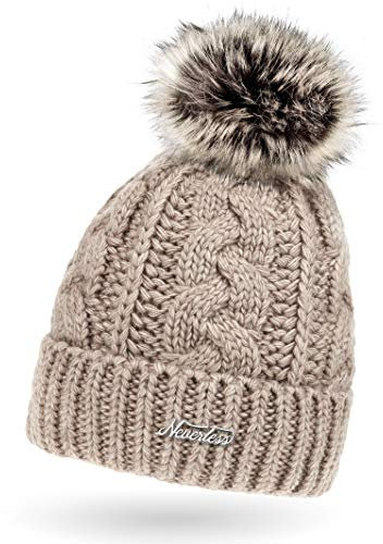Neverless Damen Strick-Mütze gefüttert mit Fell-Bommel, Kunstfell, Winter-Mütze, Bommelmütze, hell-beige Unisize, Sigrun hell-beige, unisize