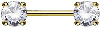 beyoutifulthings Brustwarzen-Piercing 2 Grosse RUNDE ZIRKONIA Brust-Piercing Nippel-Piercing Edelstahl Gold Clear Stab 1,6mm 14mm