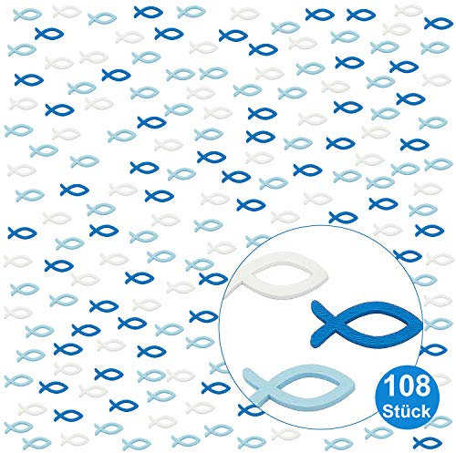Oblique Unique® 108 Holz Fische Tischdeko Taufdeko Streuartikel Streudeko Verzierung für Taufe Kommunion Konfirmation Blau Weiß - Echtholz