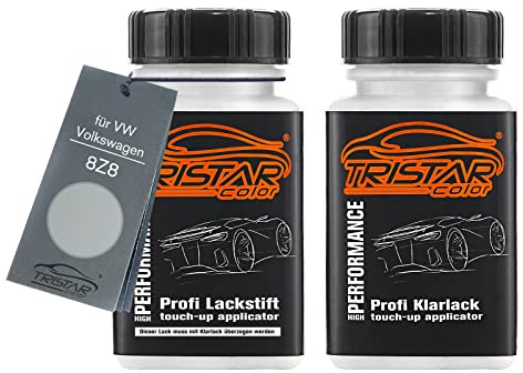TRISTARcolor Autolack Lackstift für VW 8Z8 Brillantsilber Metallic +1K | für VW / Volkswagen, Set aus Basislack + Klarlack, Lackfläschchen mit Pinsel, je 50ml