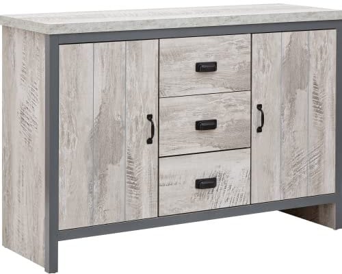 GFW Boston Sideboard Unit With 3 Storage Drawers & 2 Door Storage Cabinets & Adjustable shelves, Contemporary Grey Wooden Oak Sideboards For Living room, Kitchen, Bathroom, 113W x 39D x 74.6H cm