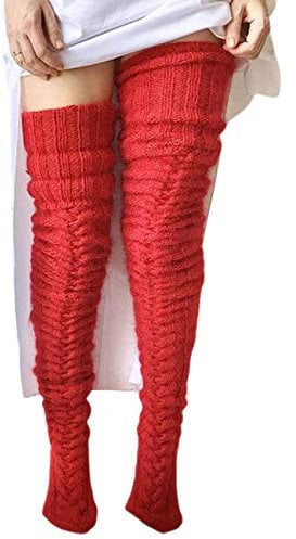 Springcmy Womens Girls Winter Cable Knit Over Knee Socks Thigh High Long Boot Socks Stocking Leg Warmer (A-Red, One Size)
