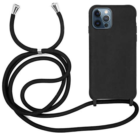 MyGadget Strap Case for Apple iPhone 12 | 12 Pro - Crossbody Phone Cover - TPU Silicone Case with Neck Holder - Cord Lanyard Carrier with Rope in Black