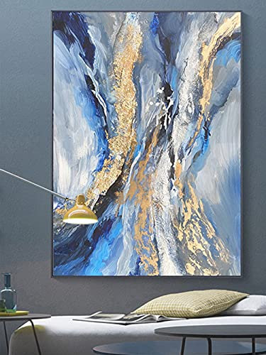 MWMG Ölbilder Auf Leinwand Handgemalt,Kreativer Stil Blauer Fluss Goldfolie Textur Vertikale Große Ölgemälde Kunst Moderne Abstrakte Kunstwerke Leinwand Wandkunst Gemälde Wohnzimmer Schlafzimmer Woh