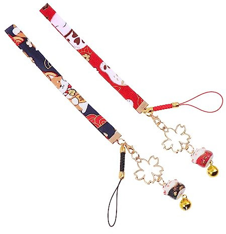 Lot de 2 dragonnes de poignet avec grelot et pendentif chat porte- pour téléphone portable, appareil photo, téléphone, portefeuille, badge, noir