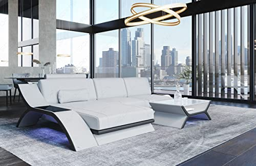 Ledersofa Calabria L-Form Ecksofa mit Kopfstützen und USB Sofa mit Beleuchtung Designersofa (Ottomane Links, Weiß-Schwarz)