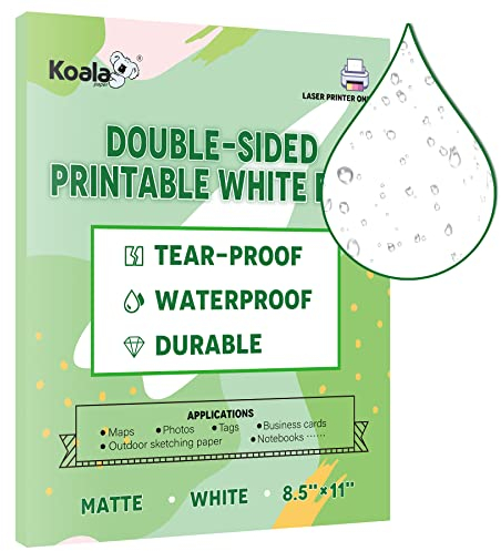 Koala Wasserdichtes Papier für Laserdrucker, reißfestes Druckerpapier, matt, doppelseitig, bedruckbar, weiße Folie, 21,6 x 27,9 cm, 25 Blatt zum Drucken von Rucksackkarten