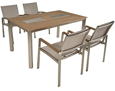 Dynamic24 Garden Pleasure 5-TLG Aluminium Garten Tischgruppe inkl. Zwei integrierten Eisbehälter 150x75x90cm 4 Stapelstühle Sitzgruppe Tisch Stuhl Möbel Kunststoff