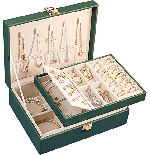 Voova Jewellery Box Organiser for Women Girls, 2 Layers Large Jewelry Storage Case, PU Leather Jewellery Display Holder with Removable Tray for Necklace Earrings Rings Bracelets, Gifts, Blackish Green