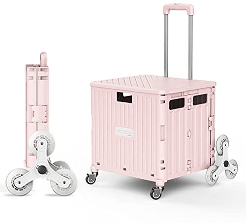 Einkaufstrolley Klappbar, Einkaufswagen Kunststoff Faltbar, Transport Trolley Treppensteigen 35Kg Tragkraft, Transportwagen Einkaufskorb Mit Deckel, Teleskop Griff, 8 Rädern,Rosa