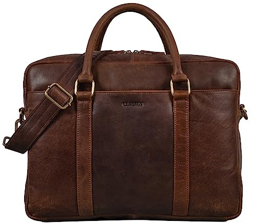 LEABAGS Istanbul Sac à bandoulière en cuir de buffle véritable au look vintage I Sacoche pour ordinateur portable jusqu'à 16 pouces I Sac d'affaires I Porte-documents I 40 x 31 x 12 cm, Saddle Horse