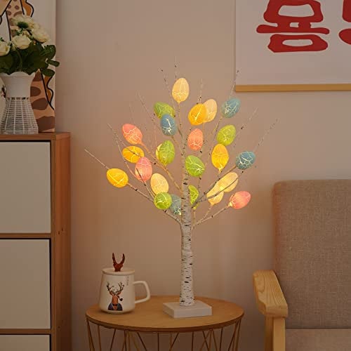 ZHDOKA Oiffice Arbre de Pâques de 61 cm avec 24 LED Sapin de Pâques lumineux Brindilles de bouleau blanches prééclairées Pour la maison, la table, le salon, les vacances, les piles (non