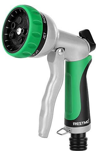 RESTMO Hose Pipe Spray Gun, Heavy Duty Garden Hose Spray Gun, High Pressure Hose Nozzle, Metal Hand Sprayer with 7 Patterns and Water Flow Control, Ideal to Water Plant & Lawn, Wash Car & Pet, Green