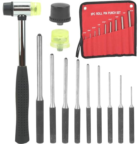 BIGP 9 Pcs Juego de punzón de pasador de rodillo, herramienta de reparación con 2 mazos de martillo con punta de goma y soporte para armería, automoción, carpintería, joyería artesanal