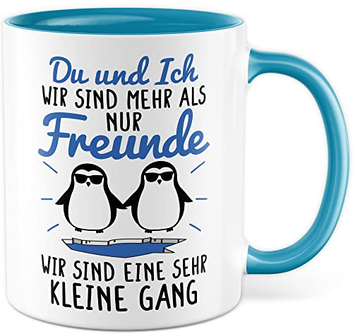 Tazza da caffè con scritta in lingua inglese Amici, con occhiali da sole, divertente idea regalo umorismo (bianco/blu)