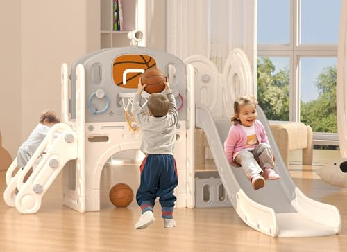XJD 8 in 1 Toddler Slide Set, Kids Slide for Toddlers Age 1+, Climber Slide PlaySet with Basketball Hoop and Ball,Outdoor Indoor Playground for Toddlers 1-3 (Beige Grey, 8 in 1)