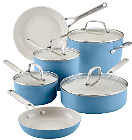 KitchenAid Hard Anodized Ceramic Nonstick Cookware/Pots and Pans Set, 10 Piece - Blue Velvet