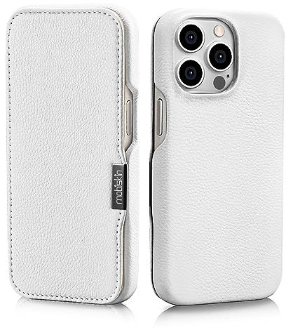 Mobiskin case for iPhone 15 PRO (6.1 inch), phone case compatible with MagSafe, cover with genuine leather, protective flip case, thin wallet, ultra-slim folio, white