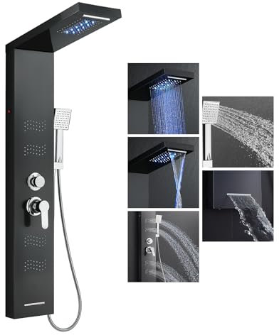 KEOKBON Pannello doccia a LED in acciaio inox multifunzione con rubinetto 5 funzione doccia (doccia a pioggia, doccia a cascata, doccia a massaggio, doccetta per vasca da bagno a mano) nero