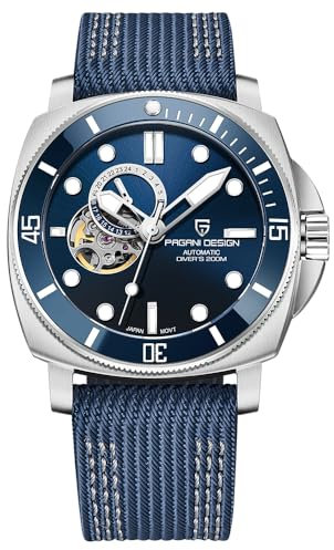 Pagani Design- Reloj Automático Hombre, Brazalete Casual Acero Inoxidable con Elegante Cristal Zafiro, Correa Nylon NH39, PD1736 (Azul LO-1736)