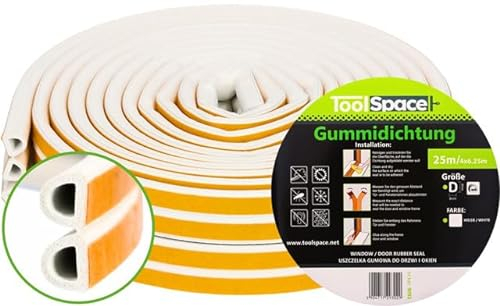 ToolSpace Türdichtung Selbstklebend Dichtungsband Dichtungsgummi Door Sealing Strip D Profil Weiß Gummidichtung für Fenster & Türen 25M Fensterdichtung Anti-Kollision Gummi Schaum Schaumstoffband