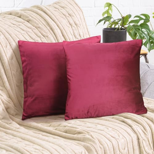 2er Set Kissenbezug 50x50 cm rot Samt flauschig weich Sofakissen Dekokissenbezug Kissenhülle für Couch, Schlafzimmer, Wohnzimmer & Balkon, Bordeaux Berry, mit verstecktem Reißverschluss