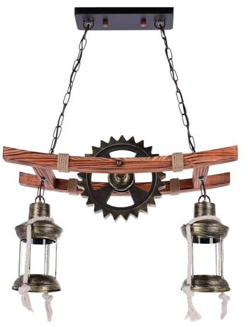 TIBU Pendelleuchte aus Holz Rad Vintage Wohnzimmer Esstisch E27 höhenverstellbar 2 flammig