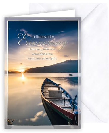 KE - Beileidskarte, Trostkarte, Beileidsbekundung Karte, Trauerkarte, silbern geprägter Text, inkl. Umschlag, DIN B6 Format, weiß, Motiv: Boot