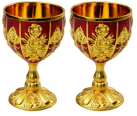 Flylin Lot de 2 coupes vintage dorées antiques - Verre à vin - Verre à vin médiéval sur métal - Pour cuisine, maison, bar, fête, mariage - Rouge doré