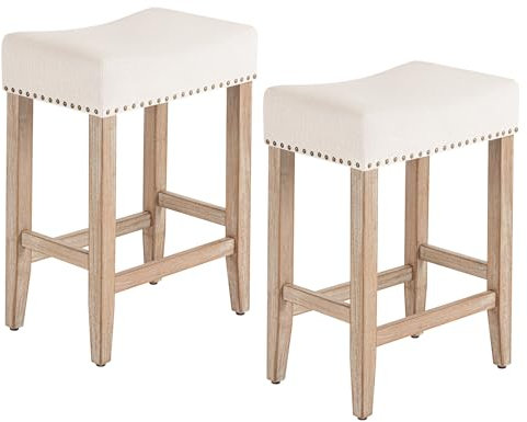 Furniliving Bar Stools Set of 2, 25.7 inch Counter Height, Upholstered Kitchen Barstools with Solid Wooden Legs, Saddle Stools for Kitchen Island, Bar, Cafe, Beige Linen