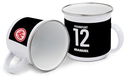 WandMagie Eintracht Frankfurt Fanartikel mit Name personalisiert I Weiße Emaille Kaffeetasse SGE (0,3l) 12. Mann mit Frankfurt Logo I Geschenk für Fußballfans