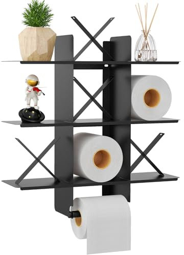 Tic Tac Toe Toilettenpapierhalter, Taaji Metall Toilettenpapier-Aufbewahrungsschraube, Wandmontage mit Taschentuchrollenhalter und 4 Stück x für Badezimmer, Waschraum, Schwarz