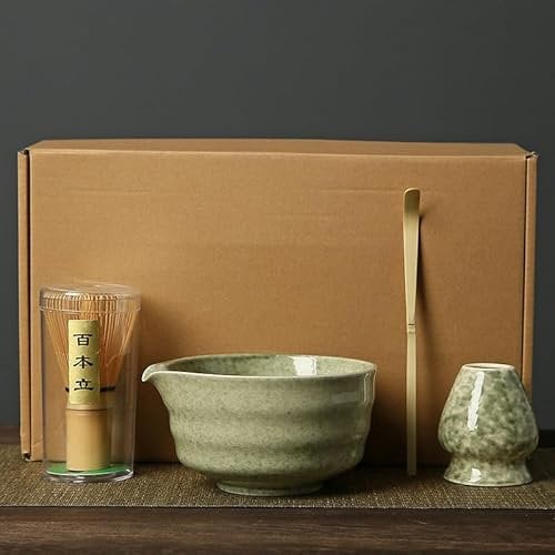 Japanese Matcha Set 4PCS, Matcha Whisk (Chasen), Matcha Scoop (Chashaku), Matcha Bowl, Ceramic Whisk Holder, Matcha Tea Kit for Tea Lovers, Classic Green Matcha Making kit