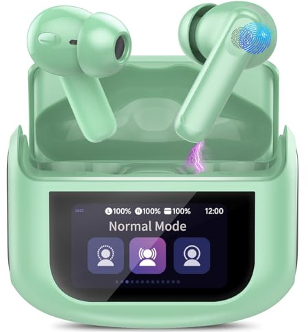 Thunelec Auriculares Inalambricos Bluetooth con Pantalla Táctil LED, 48H Auriculares Bluetooth 5.4 HiFi Estéreo, 4 HD Mic con Reducción de Ruido ANC+ENC, IP7 Impermeable/5 Modos EQ Auriculares Verde