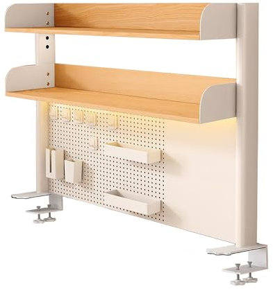 Adjustable 2 Tier Desk Organizer Shelf with Clamp on Pegboard Workstation Natural Wood Desktop Shelving for Table Accessories 80x95cm