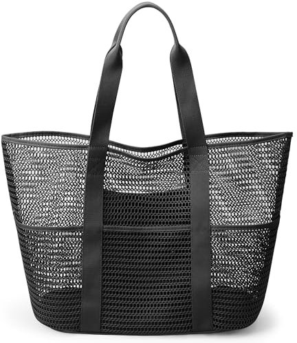 KALIDI FANCY FOREST Mesh Strandtasche Damen Badetasche XXL Familie Große Beach Bag Tote Bag mit Reißverschluss Faltbar Damen Wasserdichte Shopper Tasche Einkauftasche,Schwarz