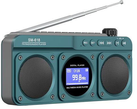 SEMIER Altavoz Bluetooth de radio FM digital pequeño, altavoz inalámbrico recargable de mano, pantalla LCD, altavoces dobles, conector para auriculares, compatible con tarjeta USB/Micro SD