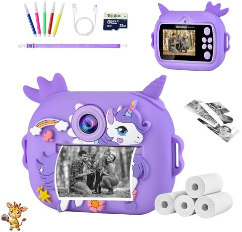 Appareil Photo Instantané Enfant Licorne - Impression Thermique - Coque Antichocs Féérique - 4 Rouleaux Inclus - Photo/Selfie - Video 1080P - Carte mémoire 32GB - Cadeau Parfait Éducatif Créatif