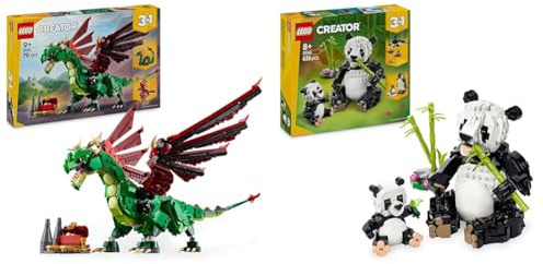 LEGO Creator 3en1 Dragon Médiéval à Serpent de Mer ou à Figurine Phénix + Animaux Sauvages 3en1 : Figurines Panda à Pingouin ou Orque 31161 + 31165