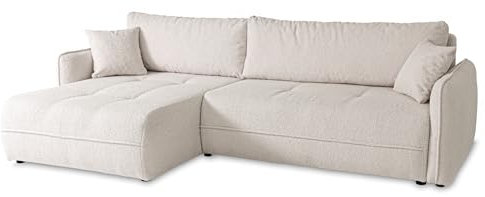BROMARKT Ecksofa mit Schlaffunktion Couch mit Bettkasten Wohnzimmer Möbel Freistehend Wellenfedern Schlafsofa Sofa Boucle Wohnlandschaft L Form 3 Sitzer 263x150x85 cm Ecru