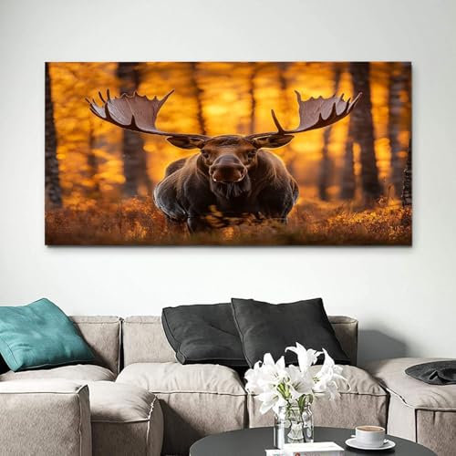 ZORYAN Elch Mit Tiermuster Wandbilder Dekoration Wohnzimmer Leinwand Bilder Gelb Leinwandbild Schlafzimmer Deko, Wandbilder, Groß Kunstdruck Art Wanddeko Bild Decor Canvas 70x140 cm