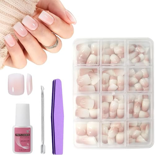 240Pcs False Nails Kit - 240Pcs Natural Gradient Nude Pink Fake Nails - Acrylic Square Fake Nails Pink Tips - 12 Sizes Glossy Full Cover Stick on Ballerina for Women Girls Nail Art Manicure
